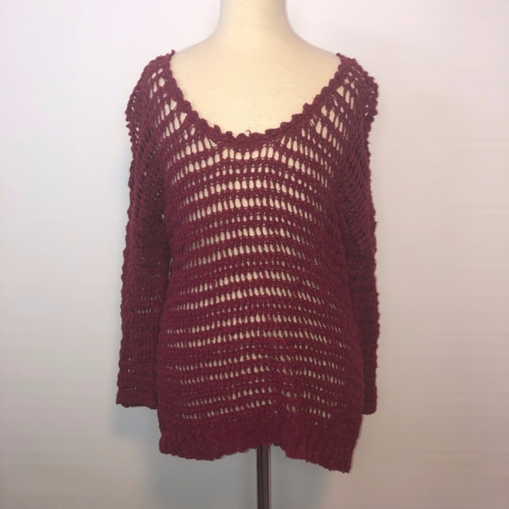 Lucky Brand Maroon Open Knit Sweater Top ((Small))